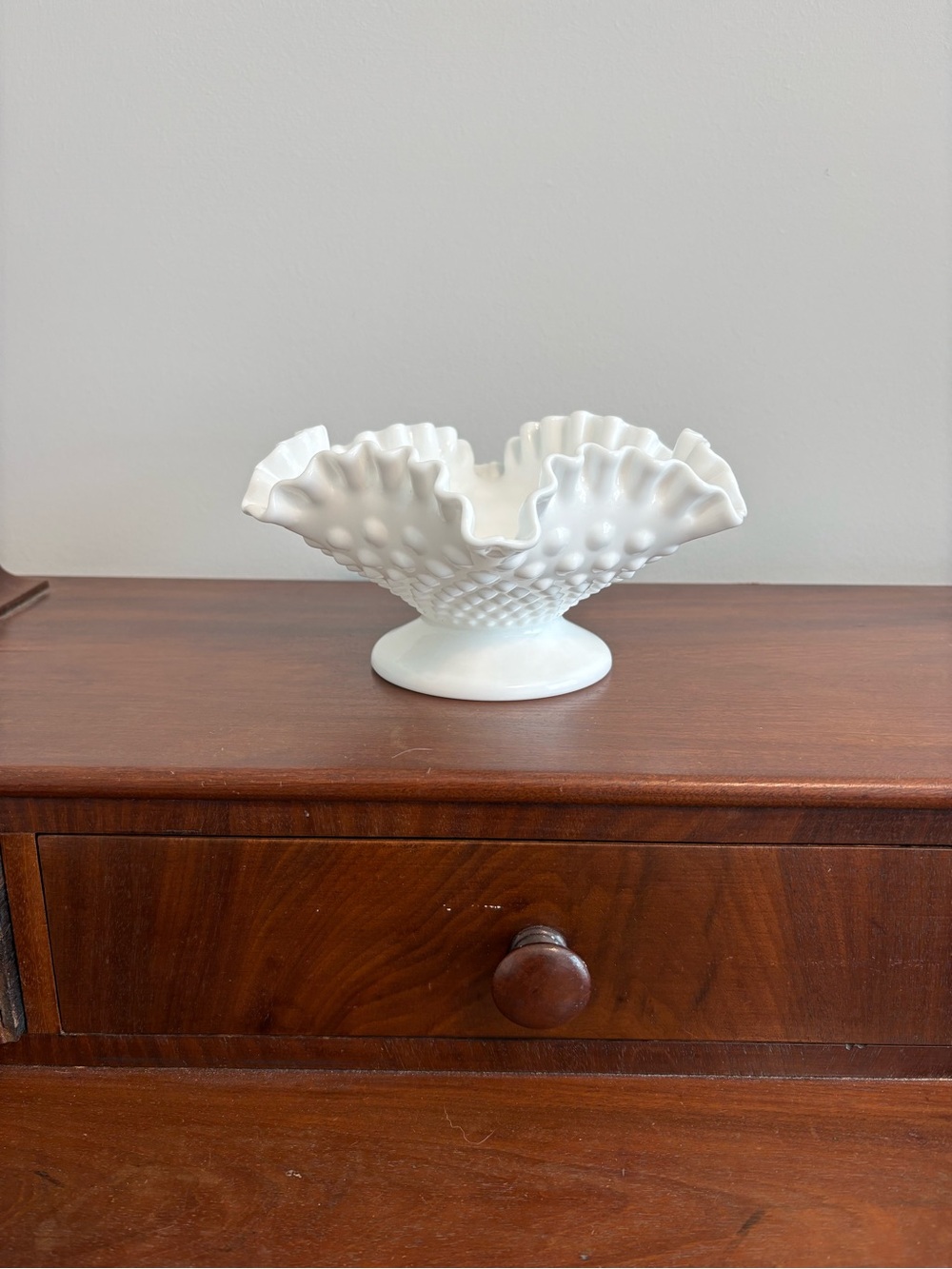 White Hobnail Ruffled Glass Compote - Decorative Centerpiece